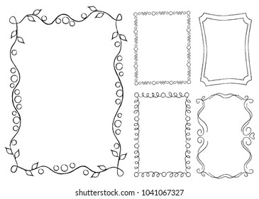 Collection of frames with round swirls, rectangular shape with curved elements vector illustration in flat design. Vintage ornamental frames in linear graphic style isolated on white background.