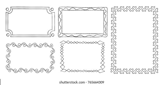 Collection of frames with round swirls, rectangular frames with triangle elements vector illustration in flat design. Vintage ornamental frames in linear graphic style isolated on white background.