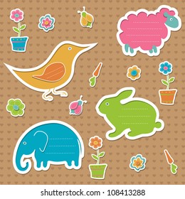 Collection of frames for text in the shape of rabbit, sheep, elephant and bird, decorated with bugs, flowers and carrots