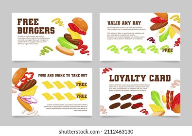 Collection free burgers promo loyalty card vector flat illustration. Set of discount voucher gift fast food restaurant special offer. Coupon, certificate, flyer with fresh ingredients place for text