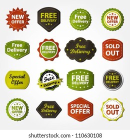 Collection of free delivery, new offer, special offer and sold out labels