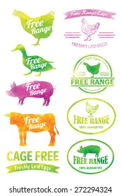 A collection of free range and organic labels in watercolor . All labels are grouped. EPS 8