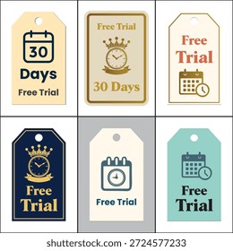 Collection of free trial labels with clocks and calendars in various colors to promote offers and discounts