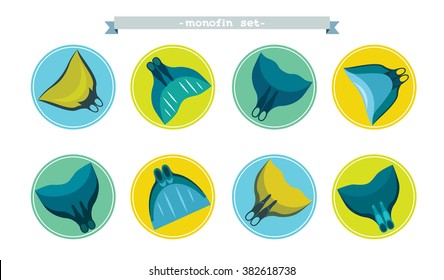 Collection of freediving icons on a white background. Vector set of different monofins. Equipment of freediving. 