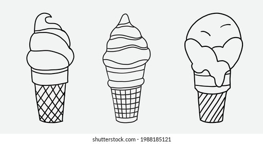 Collection of freehand drawing cone of ice cream. Vector illustration.