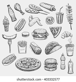 Collection freehand drawing sketches on the theme of fast food. Isolated objects on a light background. 