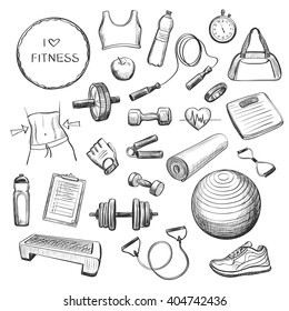 Collection freehand drawing sketches on fitness . Accessories and sport equipment on a white background .