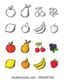 Kollektion von frei gezeichneten, doodle Vektorfruchtsymbole