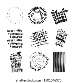 Collection of freehand natural design illustration elements inspired by Autumn atmosphere, the Fall, cozy Indian Summer. Tree rings, straw, flock of birds, fields, furrows, dim low sunlight