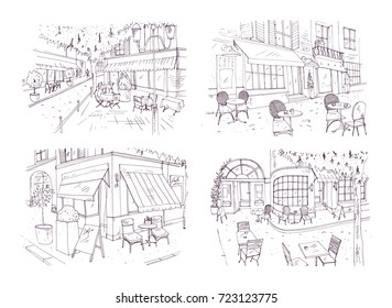 Collection of freehand sketches of outdoor cafe or restaurant with tables and chairs standing on city street beside buildings and trees. Monochrome vector illustration hand drawn with contour lines.