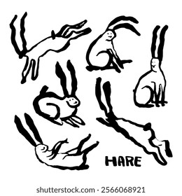 A collection of freehand vector drawings of rabbits sitting, jumping, lying and running. The primitive black ink illustrations capture a playful, childlike aesthetic on a white background.