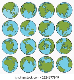 Collection of freehand world map sketch on globe.