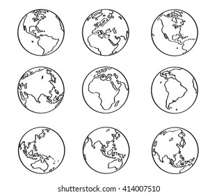 Collection of freehand world map sketch on globe.