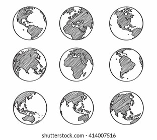 Collection Of Freehand World Map Sketch On Globe.