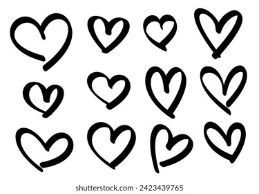 Collection of freehand-style heart doodles in black, creating a bold and artistic pattern on a white background