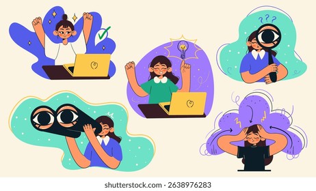 Collection of freelance workers. Set of employee with binocilars, lightbulb, magnifying glass, burnout, completed work project. Cartoon isolated vector illustration.