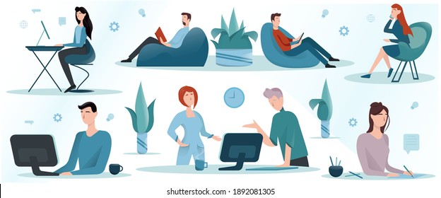 Collection of freelancer working on laptop, coworking space. Online study, education. Coworking center concept. Work at home concept design. Vector illustration