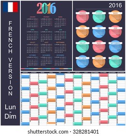 Collection of French calendars for year 2016, week starts on Monday, vector illustration