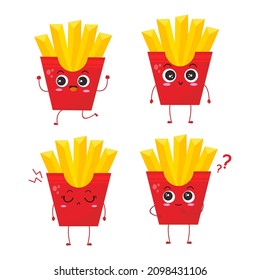 Collection of french fries character with funny expression, happy cute potato isolated on white background, simple minimal style, for mascot or emoticon collection