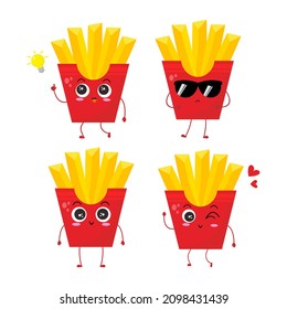 Collection of french fries character with funny expression, lovely, potato isolated on white background, simple minimal style, for mascot or emoticon collection