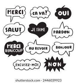 Collection of French phrases. Speech bubbles. Outline design. Hand drawn illustrations on white background.