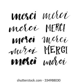 Collection of french word. Set of merci. Hand drawn lettering. Handwritten elements design. Ink illustration.