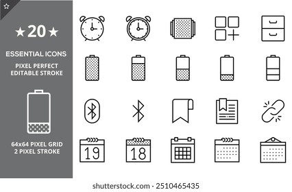 A collection of frequently used essential icons. Suitable for design elements of UI and UX. Essential icon set in outline style.