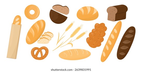 Collection of fresh bakery products. Baguette, bagel, pretzel, donut, dark and white bread, wheat ears, and various loaves. Perfect for menu design, packaging and kitchen decor. Vector illustration.