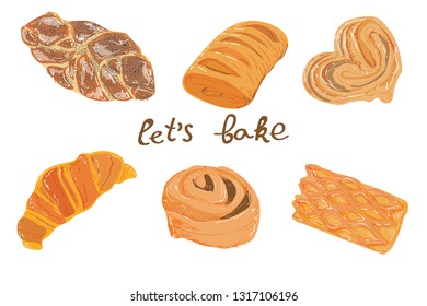 Collection of fresh bakery vector illustrations: croissant, bun, puff. Isolated on white background. Hand drawn.