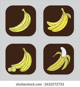 Coleção de ilustrações de fruta de banana fresca em um estilo de desenho animado. Este conjunto apresenta quatro variações distintas: uma única banana madura, um cacho de bananas, uma banana com fatias cortadas e uma descascada 