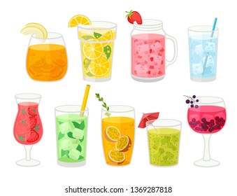 Collection of fresh cocktails on white background.