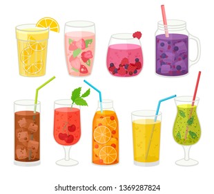 Collection of fresh cocktails on white background.