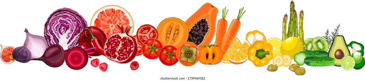 Collection of fresh colorful vegetables and fruits raw on white background