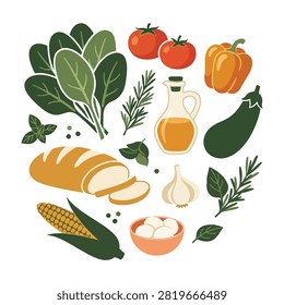 Collection of fresh culinary ingredients including tomatoes, peppers, eggplant, bread, corn, garlic, herbs and olive oil on white background.