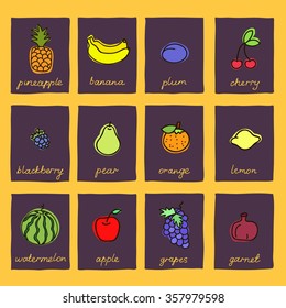 Collection of fresh, cute fruits. Vector doodle illustration.