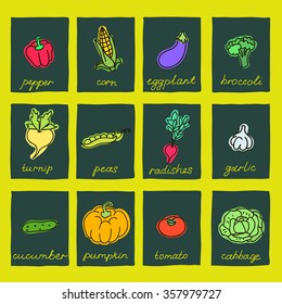Collection of fresh, cute vegetables. Vector doodle illustration.