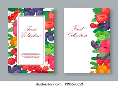 Collection of fresh fruit with berries set of banners vector illustration. Natural and organic products. Forest raspberry, strawberry, blackberry, blueberry, cherry, gooseberry.