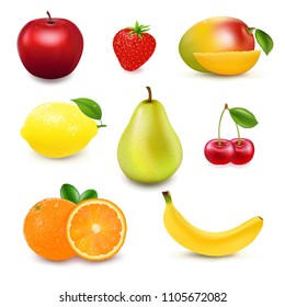 Collection Fresh Fruit And Berry With Gradient Mesh, Vector Illustration