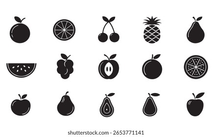 Collection of fresh fruit icons in a simple black silhouette style