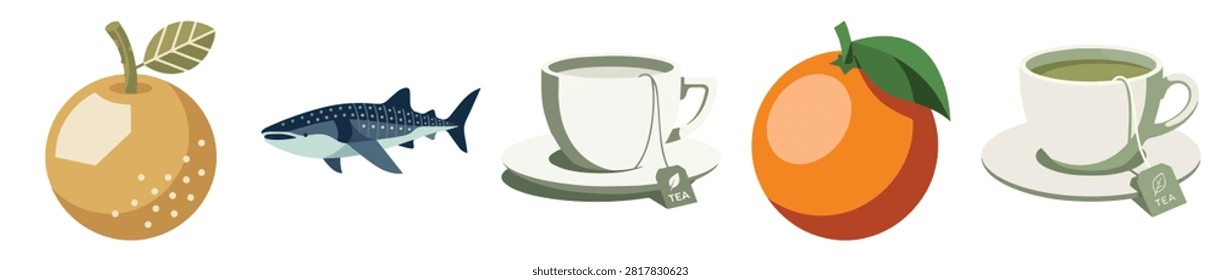 a collection of fresh fruit and vegetables including onion fish orange apple and cups of tea ideal for nutrition healthy lifestyle and wellness content