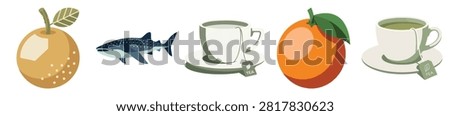 a collection of fresh fruit and vegetables including onion fish orange apple and cups of tea ideal for nutrition healthy lifestyle and wellness content