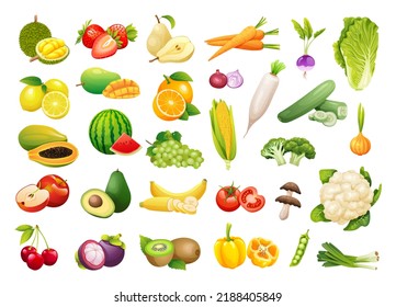 Collection of fresh fruits and vegetables in cartoon style