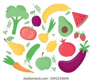 Collection of fresh fruits and vegetables. Illustration of fresh food, design elements isolated on white background. Vector illustration set.