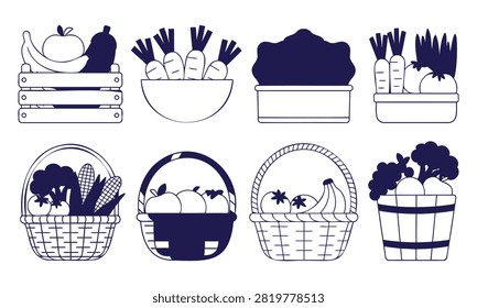 Collection of fresh fruits and vegetables in rustic baskets and crates