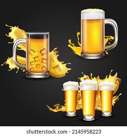 Collection of fresh glass beer vector. Set of cold beer vector
