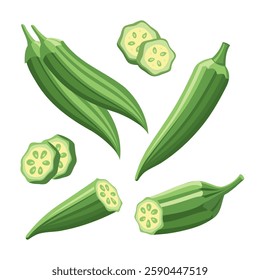 Collection of fresh green okra on white background. Green roselle or okra, cut pieces. Food illustration.