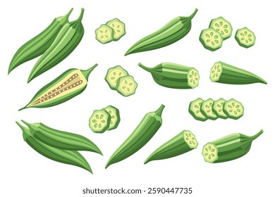 Collection of fresh green okra on white background. Green roselle or okra, cut pieces. Food illustration.