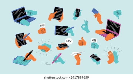 Collection of fresh hands illustrations with devices and cool and fun gestures in hand drawn style. Are elements are isolated.