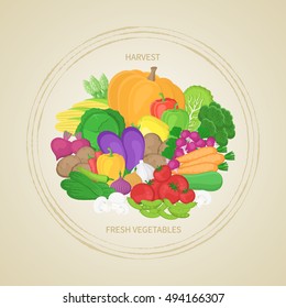 Collection of fresh, healthy vegetables in circle. Autumn harvest. Label, sticker, banner for design. Natural, healthy food concept. Organic food illustration. Vector.