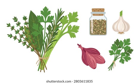 A collection of fresh herbs like parsley and rosemary, along with garlic, peppercorns, and red onion, perfect for culinary use.
